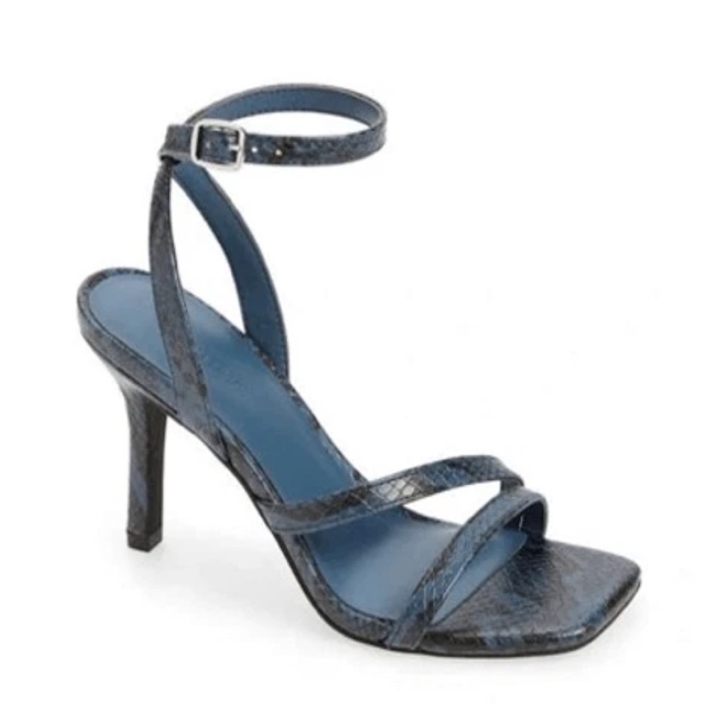Open Edit Blue and Black Embossed Snake Skin Elegant Strappy Sandal Heels Sz 11